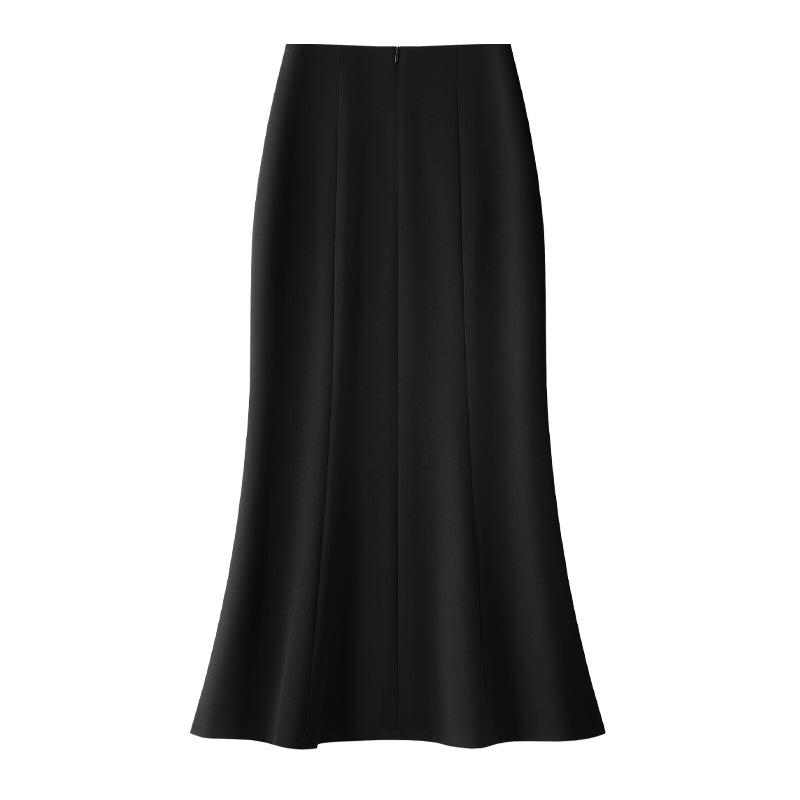 Women's High-Waist Black Fishtail Midi Skirt - Spring 2025 Collection, Elegant Mid-Length Bodycon Design
