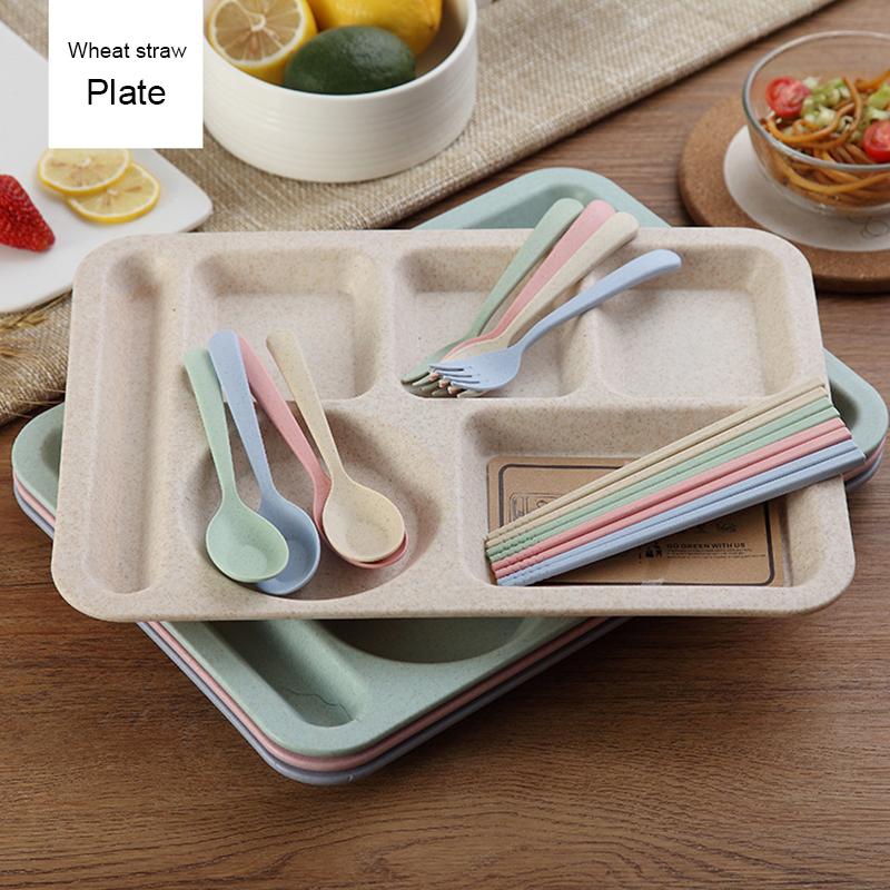 Детская тарелка из пшеничной соломы, тарелка для завтрака для школьников, детская тарелка, миска, ложка, вилка, набор столовых приборов