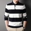 Осенняя новая мужская модная рубашка поло среднего возраста с лацканами, мужская полосатая хлопковая футболка с длинными рукавами