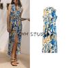 Spring and Summer New Women's Clothing Decorated Row Button Long Print Sleeveless Lapel Slit Midi Skirt Dress 2976241
