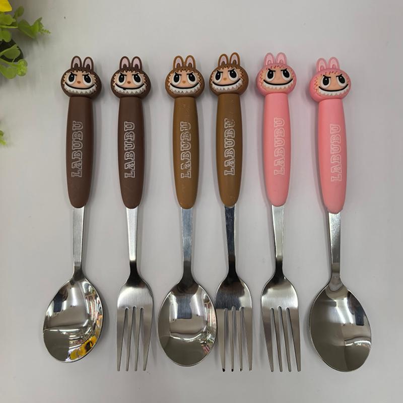 Мультяшный набор детской посуды из нержавеющей стали большого размера Labubu, набор из двух предметов, детская посуда, портативная вилка, ложка, детские товары