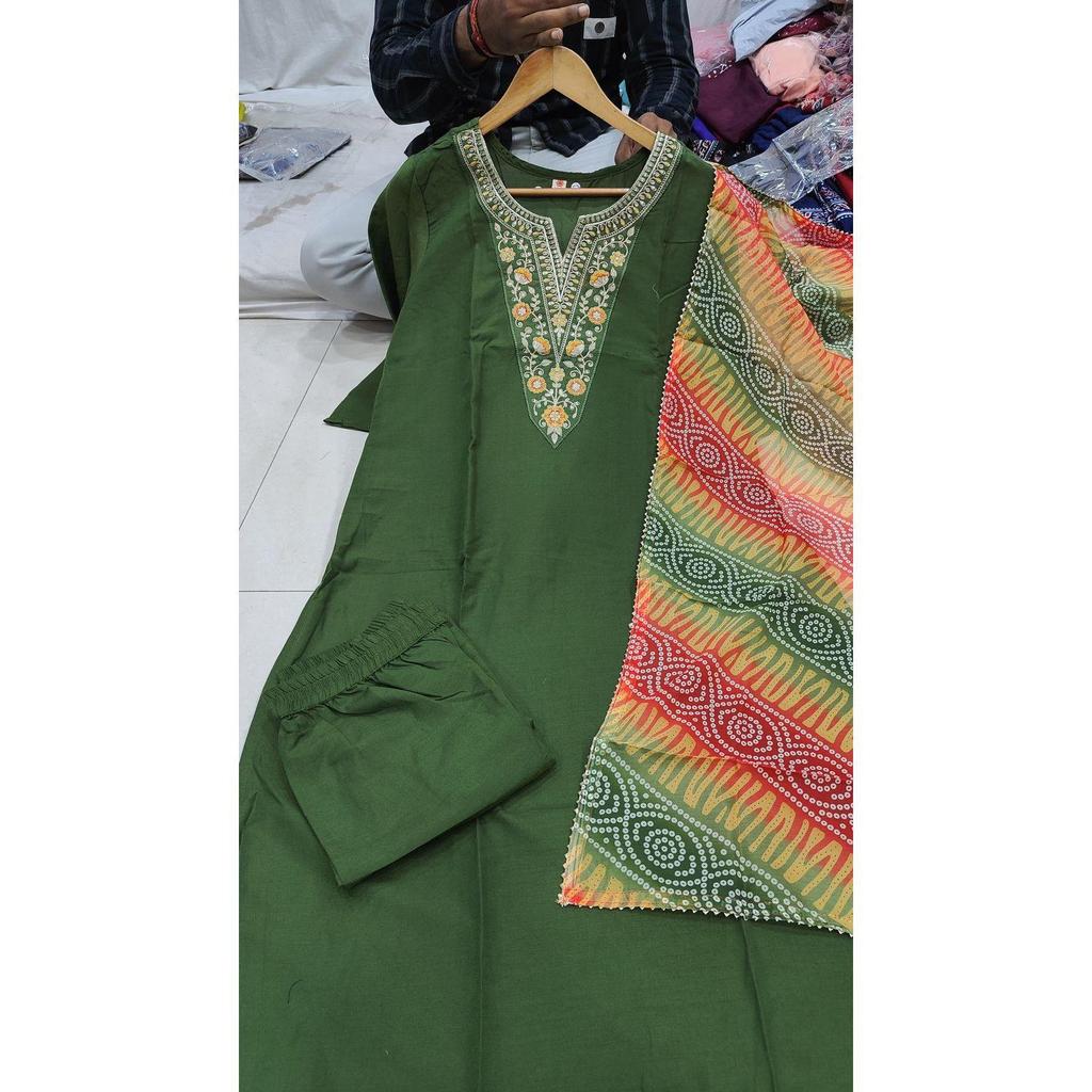 Women's Rayon Embroidered Straight Kurta with Pant And Dupatta Sets