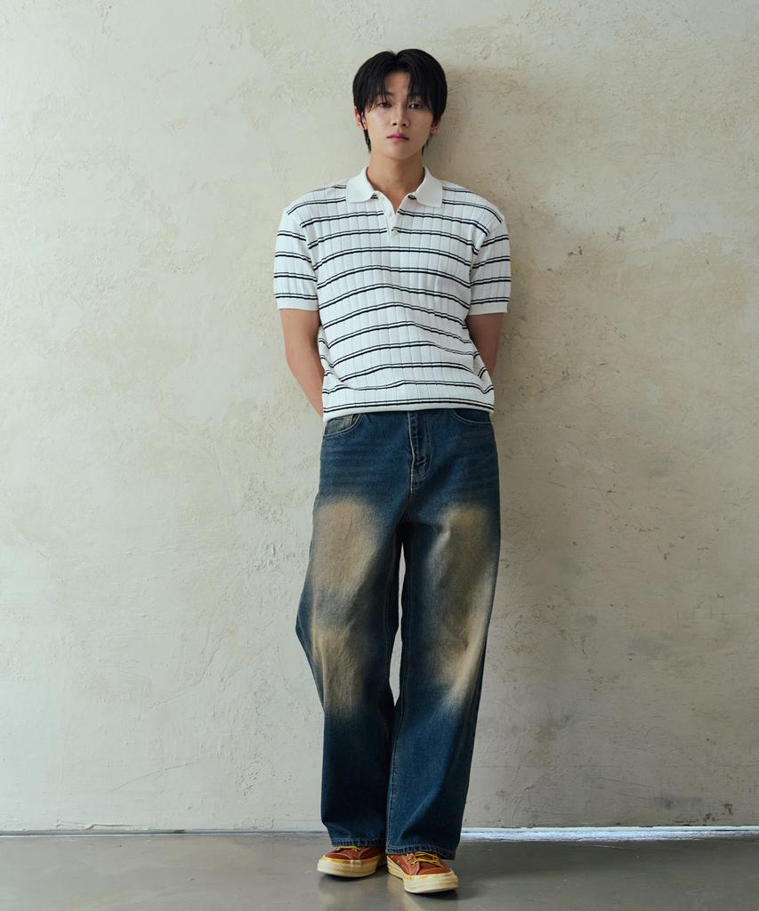 NODU Collar Block Stripe Short Sleeve Knit [Ivory]