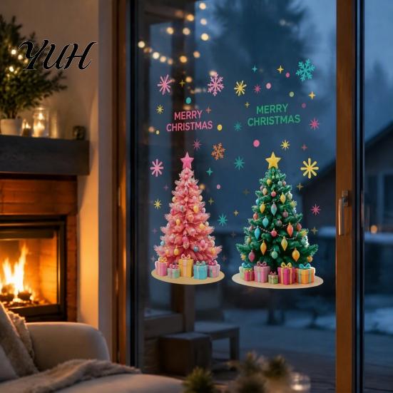 Winter Theme Wall Decor 2Pcs Pink Christmas Tree Static Window Clings, Removable Xmas Stickers Home Ornaments with Snowflake Star for Shop Cafe