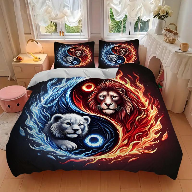 3pcs Yin Yang Lions Pattern Bedding Set, 1* Cover + 2*Pillowcases, Printed Bedding Set, Soft and Comfortable, Suitable for Bedroom and Guest Room