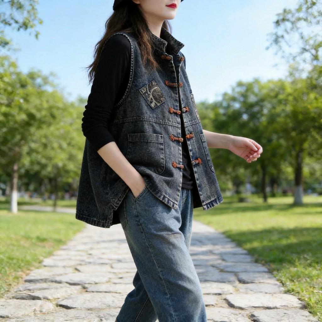 Vintage Denim Waistcoat With Pocket And Frayed Edges For Casual Women
