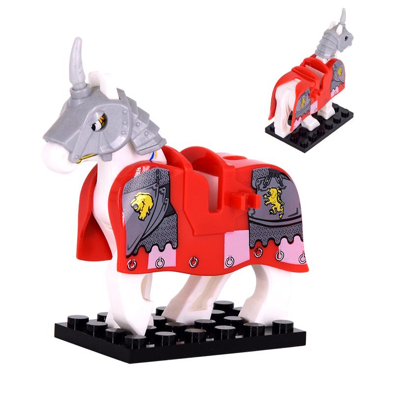 1pcs Medieval Horses Grey Bodies Blue Saddle Blankets White Horse Emblems Yellow Trims Building Block