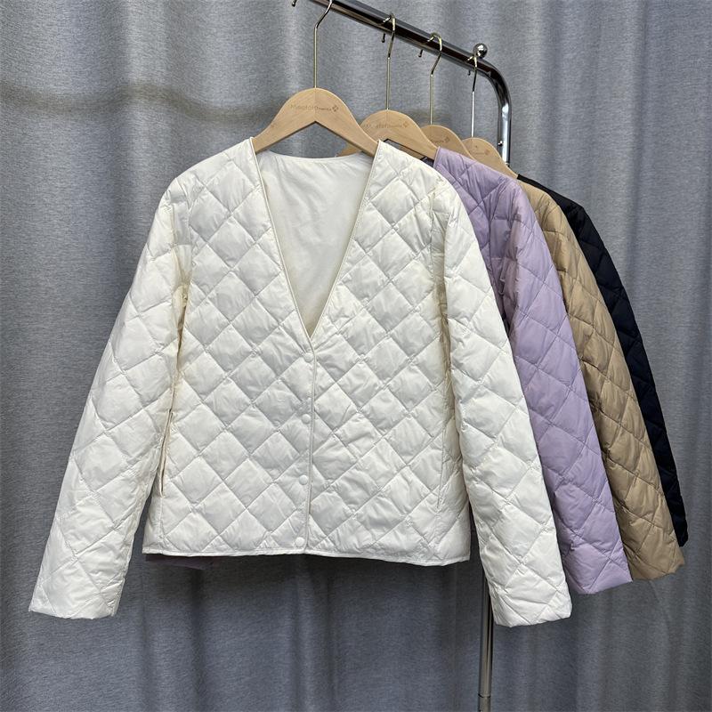 Coat with down jacket women's short autumn and winter light V-neck liner slim rhombus grid warm base tide