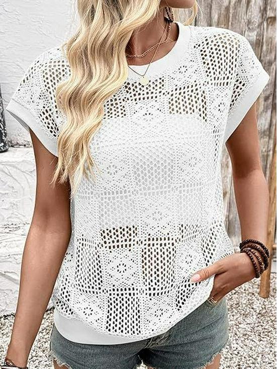 2026 Европейский и Американский Трансграничный Женский Летний Ажурный Топ с Круглым Вырезом в Стиле "Пряная Девушка"