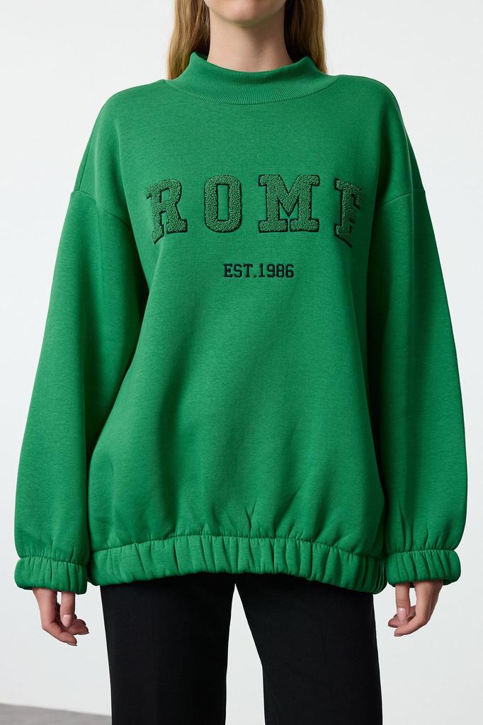 Женская модная стильная толстовка зеленого цвета с подробной вышивкой, широкий вязаный свитшот оверсайз