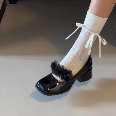 Сетчатый цветок с юбкой туфли-лодочки лето 2025 свидание новинка французский квадратный носок Мэри Джейн женская обувь средний каблук нежный ветер