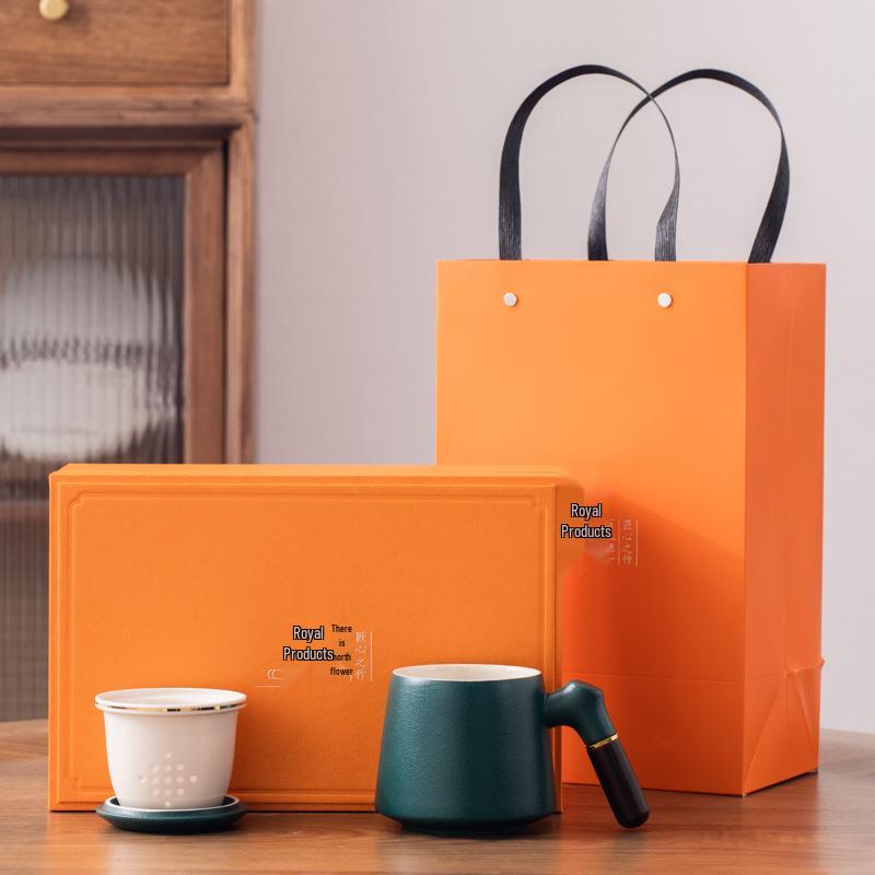 Подарочный набор керамических чашек в китайском стиле с крышкой и деревянной ручкой - Чайная чашка из трех частей с фильтром