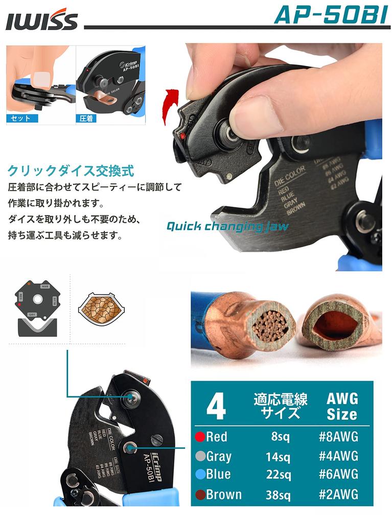 iCrimp Crimping Pliers for Bare Plate Rotary Die Compatible with AP-50BI Terminals, Type, Type, 8-38sq