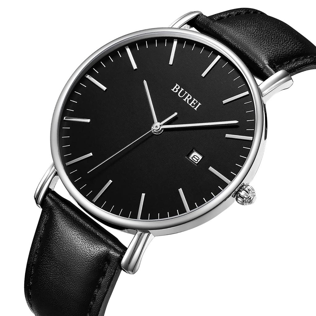 Simple Stylish Brand Popular Ultra Thin Lightweight Analog Watch Business Waterproof Quartz Arm Watch [BUREI] Men's Men's Silver-Black