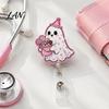 Lightweight Retractable Badge Holder Halloween Ghost Reel, Glitter Acrylic Clip, Cute Pink Smooth Cord Reel ID Name for Women Nurse Teacher