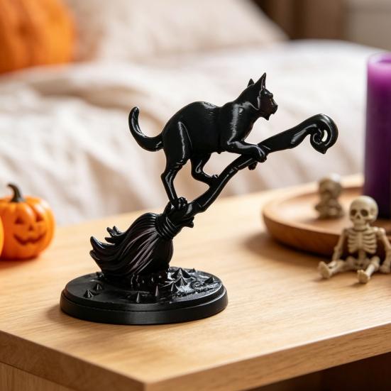 Прочная Фигурка Черной Кошки на Метле Ведьмы из PLA, 3D-Печатная Статуэтка Метлы, Хэллоуинское Украшение для Стола, Настольное Украшение для Многоуровневой Подачи, Стола,