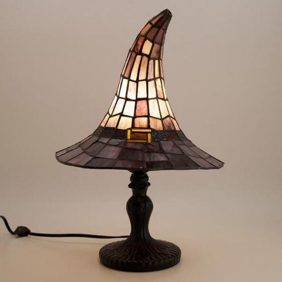 Stained Glass Witch Hat Lamp, USB Powered Resin Night Light, Gothic Halloween Table Lamp for Bedroom Bookshelf Mantel Party Decor