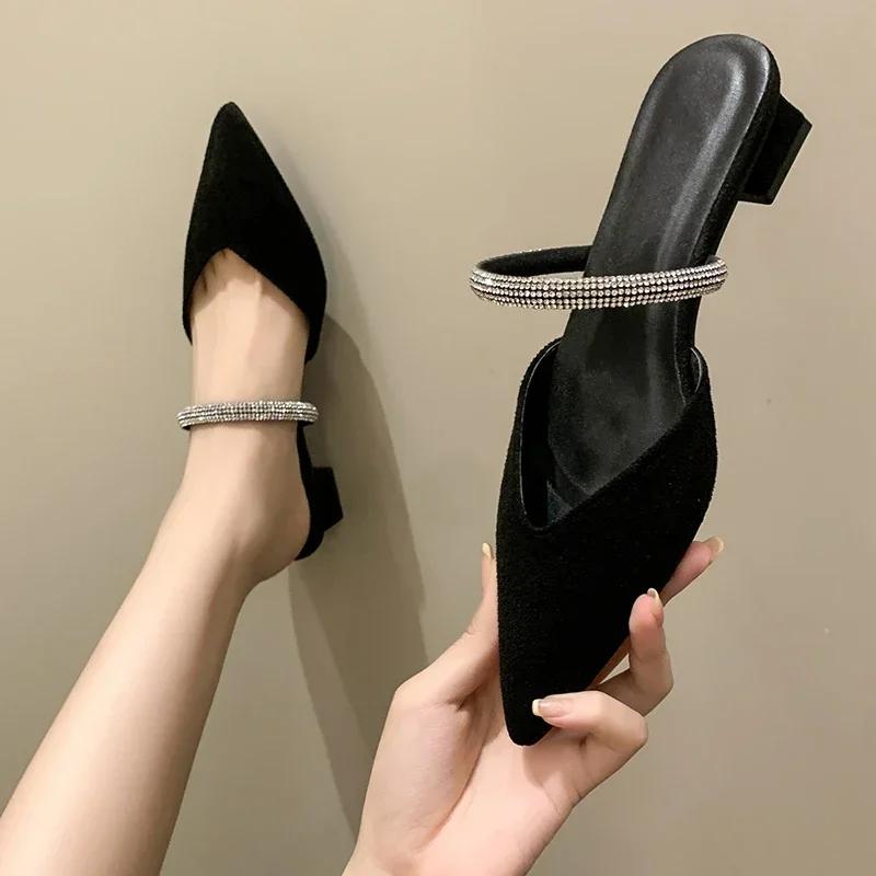 Тапочки со стразами, остроконечные сабо на высоком каблуке, новые летние туфли, женская модная элегантная обувь без шнуровки для милых вечеринок