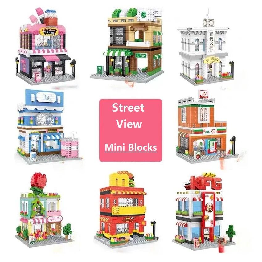 Mini Blocks Cute Street Creative Store Small Shop Coffee Food Flower Fun Building Bricks Girl Gifts Toys For New Year Present