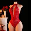 Слитный сексуальный женский красный боди-тедди с глубоким V-образным вырезом халтер из прозрачного кружева без ластовицы, порно-наряд для свиданий, эротическая пижама, сексуальное нижнее белье