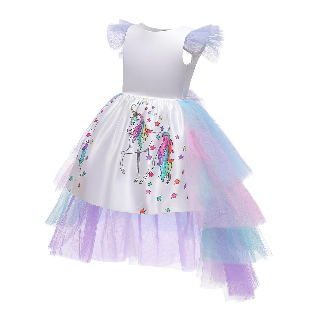 Kids Rainbow Unicorn Dress with Long Tails Party Dress for Girl Princess Costume Lol Ball Gown Baby Girls Pony Dress