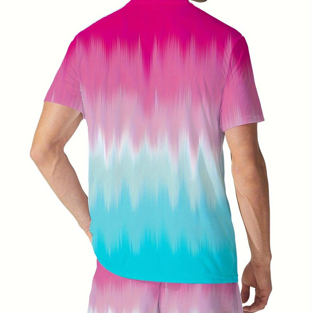 2PCS Plus Size Men's Fashion Gradient Color Block Set, 3D Print T-Shirt And Shorts, Casual Sportswear, Party & Leisure Outfit