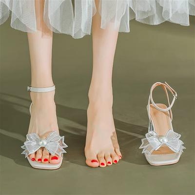 2025 летние новые босоножки на шпильках с пряжкой в одно слово, с открытым носком, на высоком каблуке, с бантом, сетка, модная женская обувь, фея