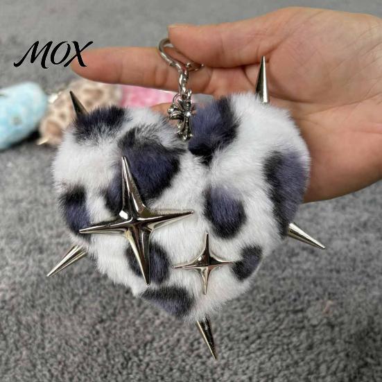 Plush Heart Keychain Leopard Love Keychain, Stuffed Keyring Pendant Punk Backpacks Accessory with Metal Star, Bag Decorative Handbag Decoration