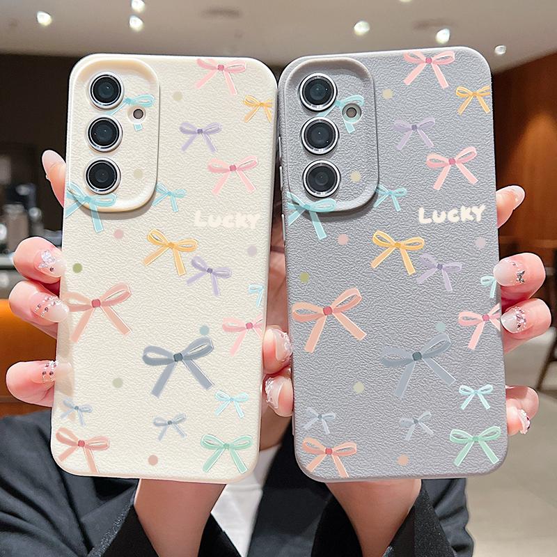 Color Bowknot Leather Texture Plain Color Shell for Samsung S25 Ultra S24 Fe S23 S22 A56 A16 A15 A55 A54 Soft Tpu Shockproof Lens Protection Case