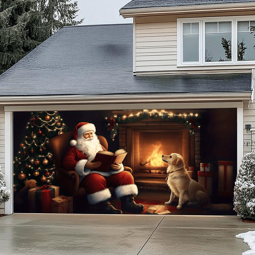 Santa with Fireplace Festive Garage Door Banner - Festive Polyester Outdoor Decor No Power Required