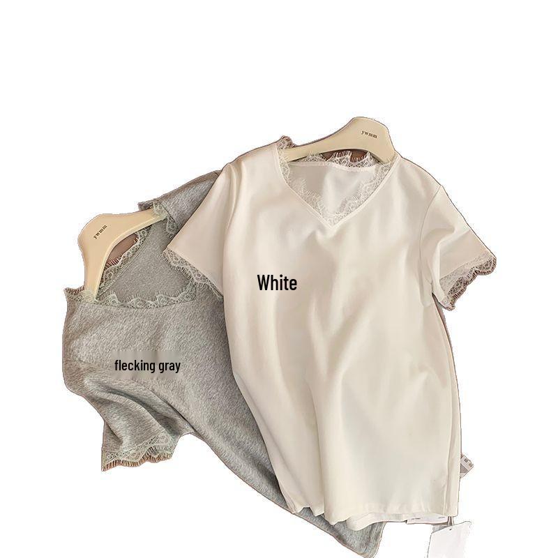 Женская летняя футболка из бамбукового хлопка с V-образным вырезом и кружевной отделкой - Корейский стиль, свободный крой, топ, молодёжный