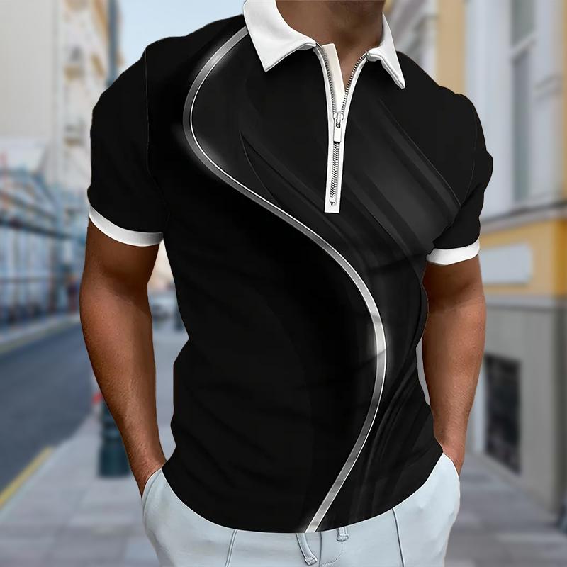 Мужская рубашка поло повседневная на молнии с коротким рукавом модная повседневная на молнии лето весна стандартный крой 3D двухцветная рубашка с принтом