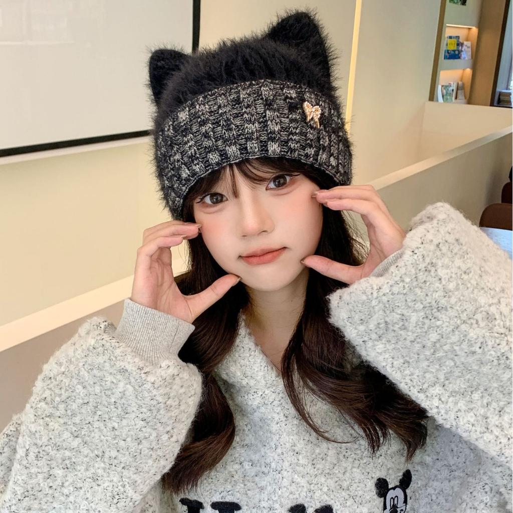 Новая осенне-зимняя симпатичная утолщенная шапка для защиты ушей с кошачьими ушками, женская зимняя защитная от холода, теплая шерстяная шапка для маленького лица