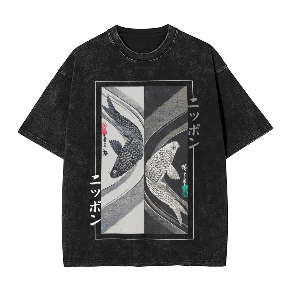 Koi Carp Fish Japanese T Shirts Washed Short Sleeve Harajuku TShirts Vintage Men Women Streetwear Printed Tee Shirt