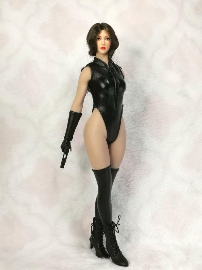 Compatible with TBLeague Body for Scale Action Figure DMTOYS Beautiful Woman Fashion Sexy Black Black Leather High Leg Jumpsuit and Arm and Leg Cover