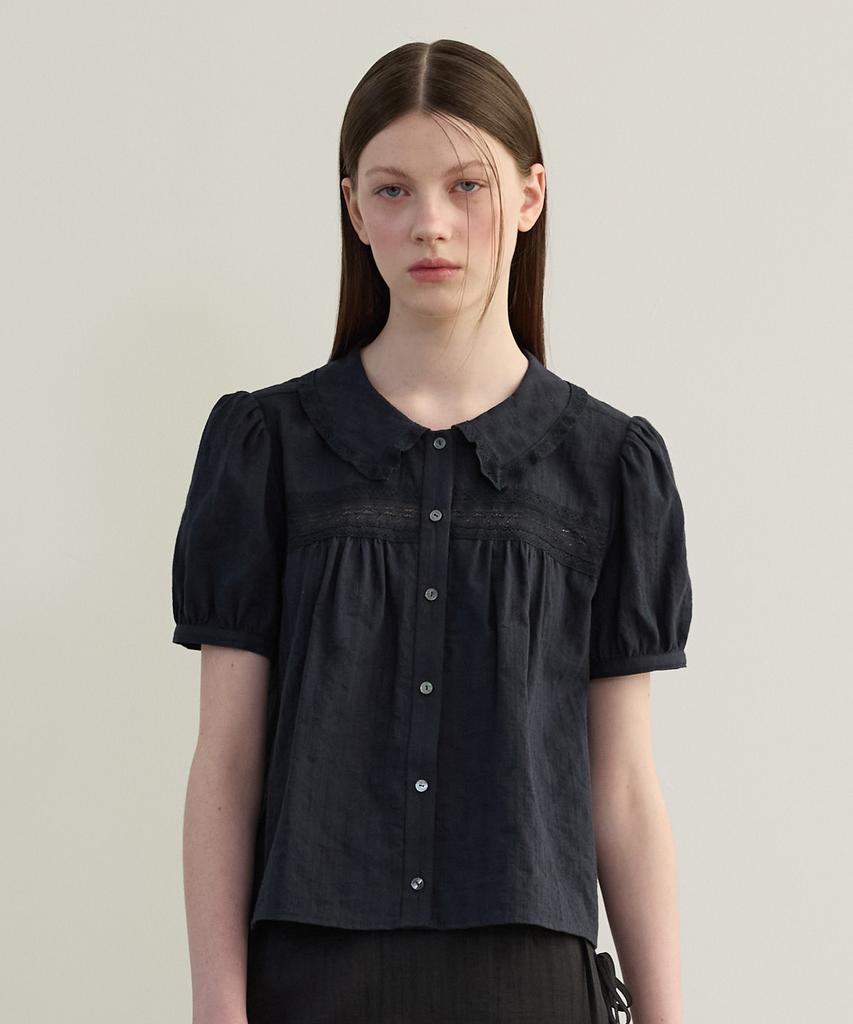 TTUDEMENT Puff Sleeve Lace Blouse Navy