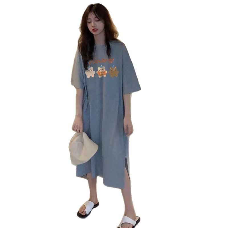 Korean version short-sleeved t-shirt skirt children's summer clothes medium and long knee dress large size thin long skirt t-shirt skirt