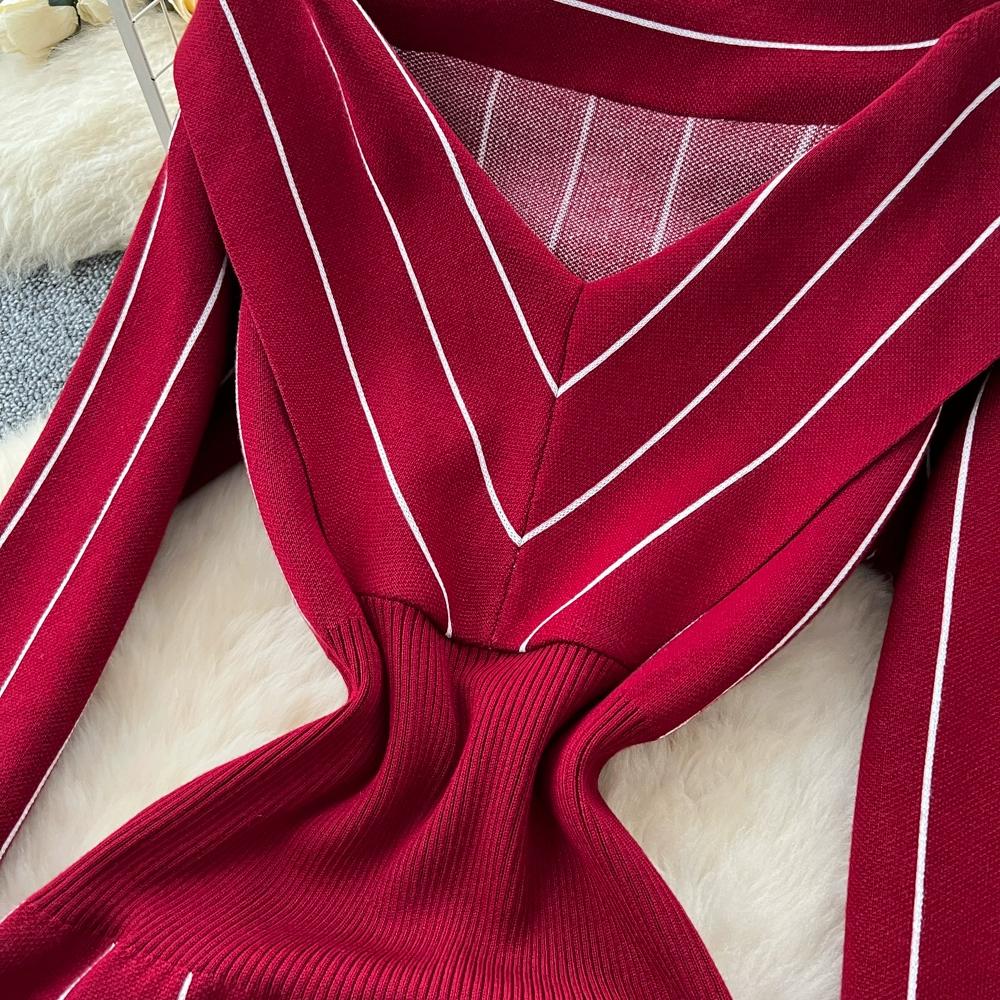 Осень Зима Женский Повседневный Вязаный Свитер с V-образным вырезом и длинным рукавом в полоску, Облегающее Платье-футляр
