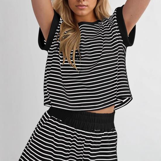 Женский комплект из 2 предметов для отдыха, полосатая рубашка с коротким рукавом и шорты, летний повседневный ребристый спортивный костюм, подходящий комплект