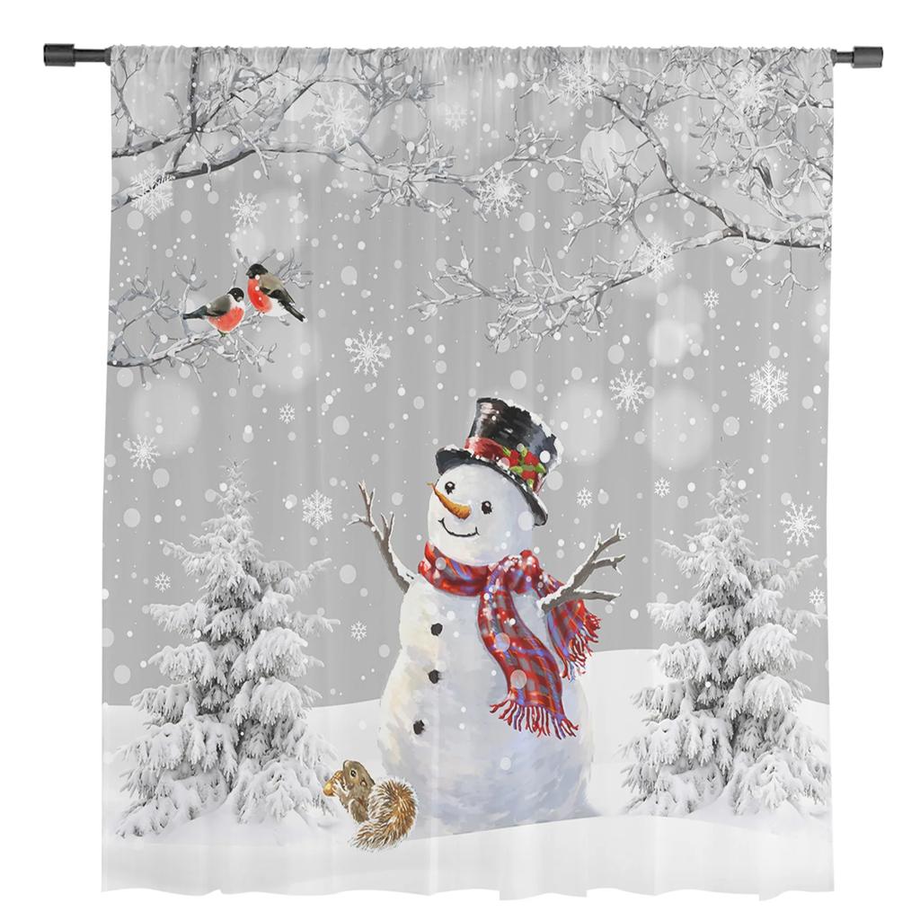 Рождественская елка Снеговик Снежинка Серые прозрачные шторы для украшения гостиной Оконные шторы Кухня Тюль Вуаль Шторы