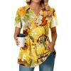 Women's Pleated V-neck Short Sleeved Sunflower Print T-shirt Business Casual Shirt