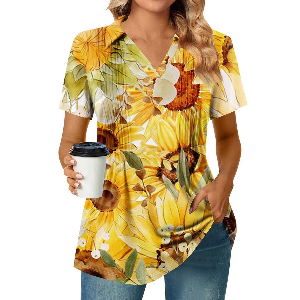 Women's Pleated V-neck Short Sleeved Sunflower Print T-shirt Business Casual Shirt