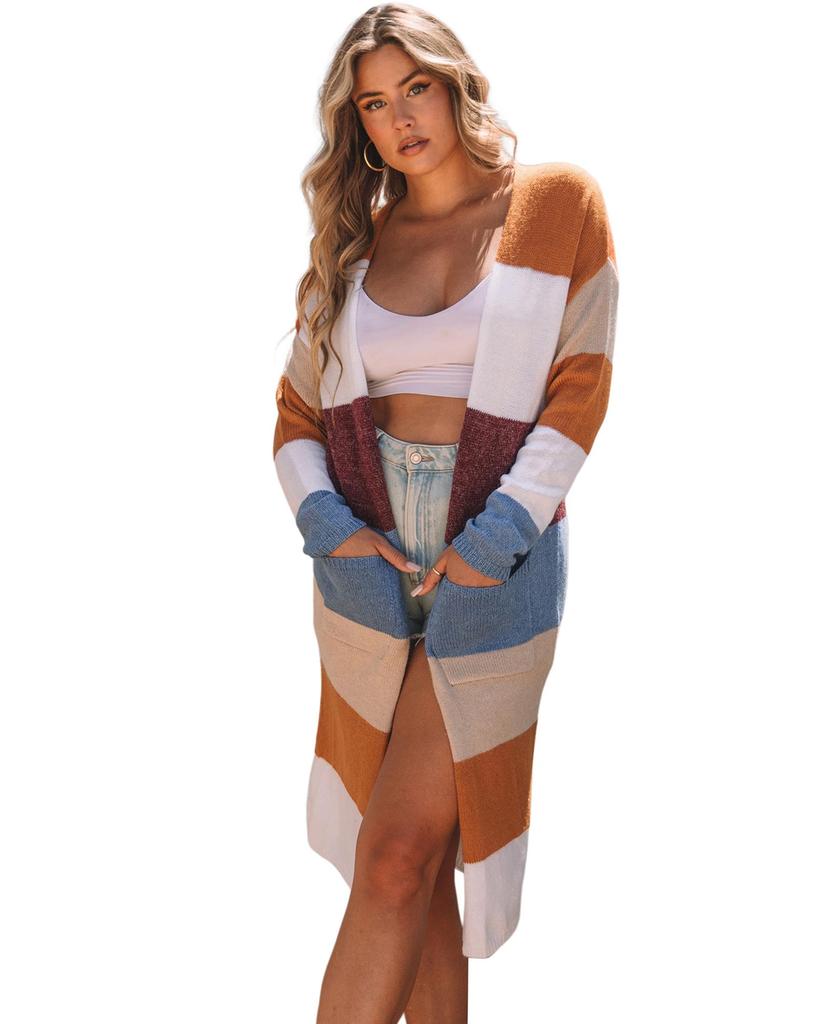 Azura Exchange Colorblock Open Front Long Knit Cardigan