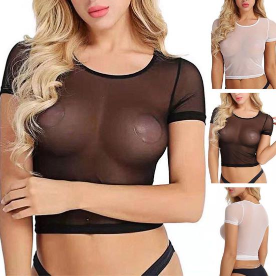 Женский укороченный топ с прозрачной тонкой сеткой, круглым вырезом, короткими рукавами, сексуальная одежда