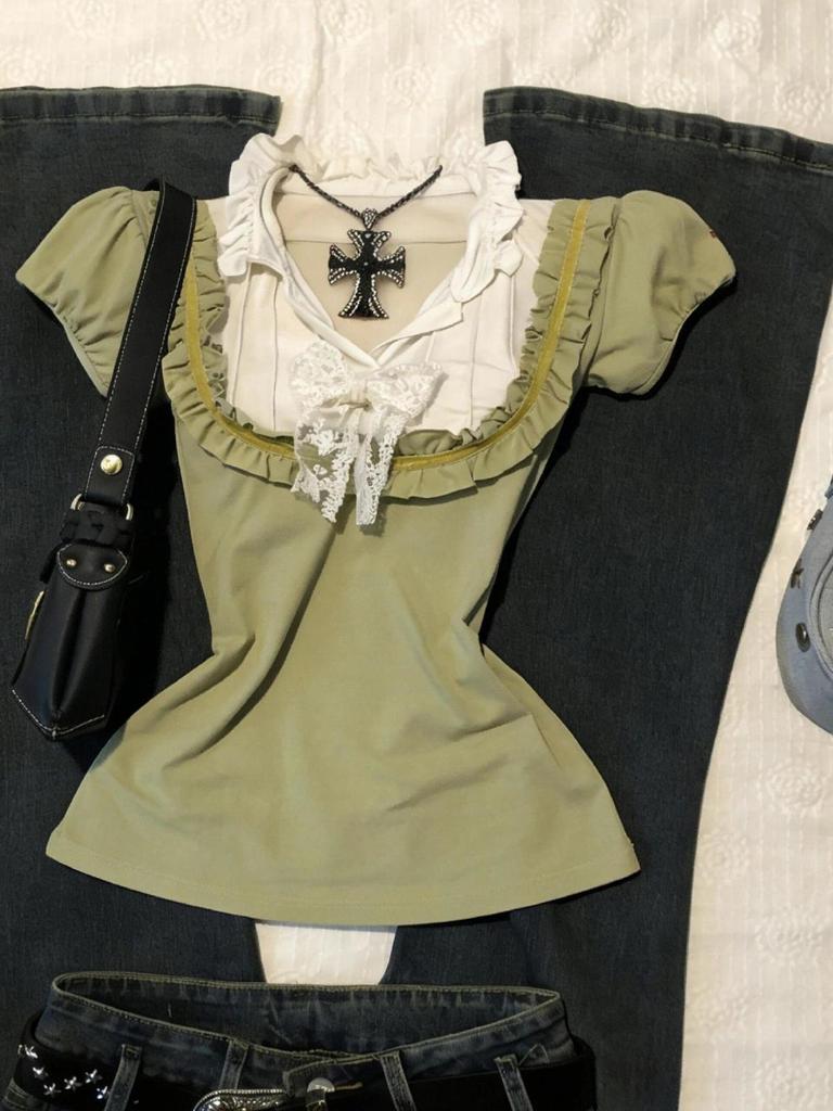Винтажный топ Y2K с зеленым кружевным бантом, облегающий, пэчворк, с короткими рукавами