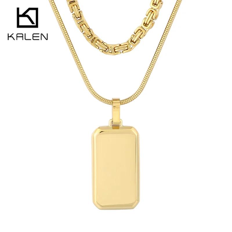 Creative Double Link Square Pendant Necklace Men's Women Hip Hop Shiny Stainless Steel Byzantine Chain Accessories Trend Gift