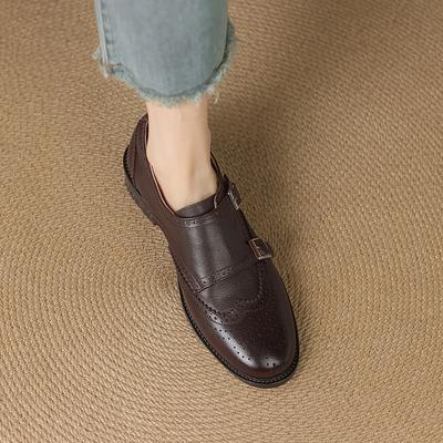 Модная женская обувь Оксфорды на низком каблуке 2025 Весенняя обувь для женщины Натуральная кожа Броги Винтажные лоферы с пряжкой Повседневная черная коричневая обувь для девочек