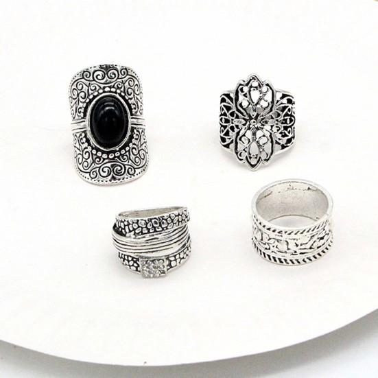 4Pcs/Set Unisex Rings Wide Ethnic Style Hollow Carved Pattern Knuckle Rings Jewelry Accessories