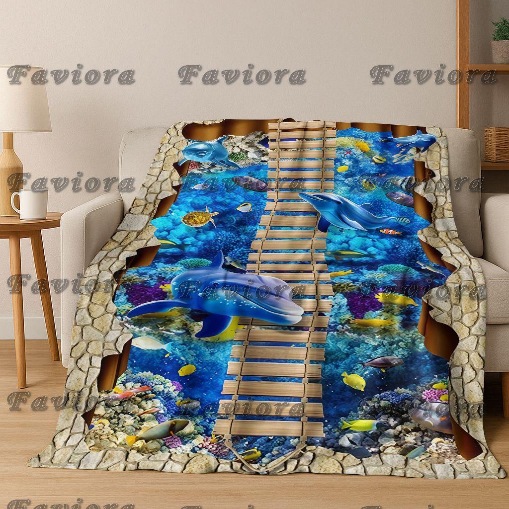 3D Illusion Sea Underwater World Dolphin 2026 New Flannel Blanket,Cozy Soft Throw Blanket for Home Bedroom Bed Sofa Cover Gift