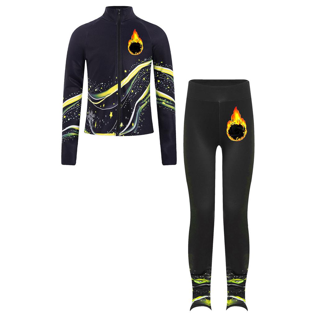 Kids Figure Skating Jacket Set Stand Collar Long Sleeve Printed with Leggings for Workout